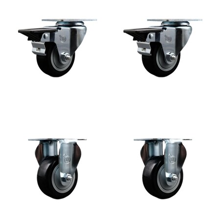 Service Caster 3'' Black Poly Wheel Swivel Top Plate Caster Set with 2 Posi Brakes 2 Rigid, 4PK SCC-20S314-PPUB-BLK-PLB-2-R-2